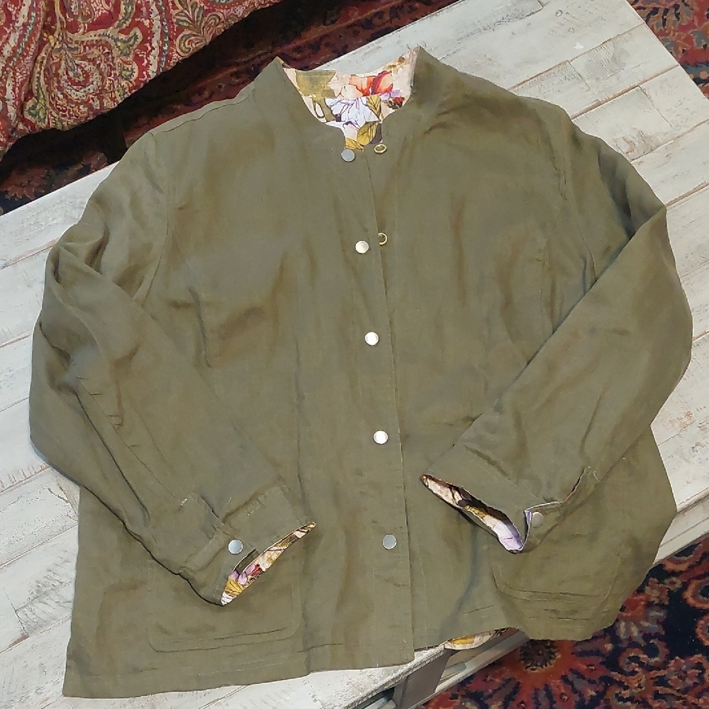 Olive Green And Floral Reversible Women's Linen Jacket